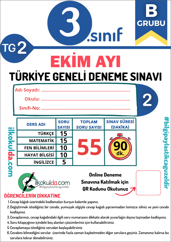 3. Sınıf PDF ve ONLİNE Ekim Ayı Türkiye Geneli Deneme Sınavı (TG-2)