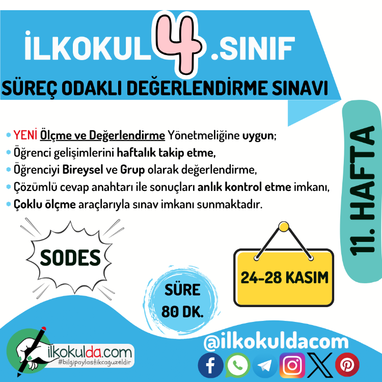 4. Sınıf 11. Hafta (24-28 Kasım) Süreç Değerlendirme Sınavı (SODES)