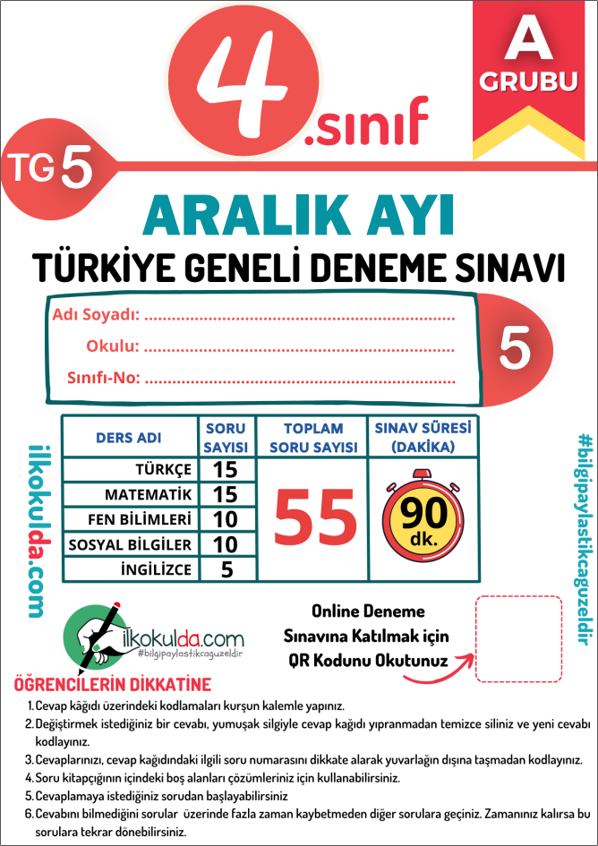 4. Sınıf PDF ve ONLİNE ARALIK AYI Türkiye Geneli Deneme Sınavı (TG-5)