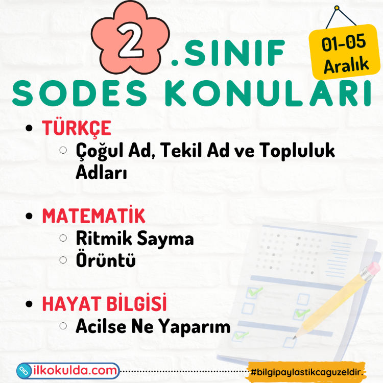 2. Sınıf 12. Hafta (01-05 Aralık) Süreç Değerlendirme Sınavı (SODES)