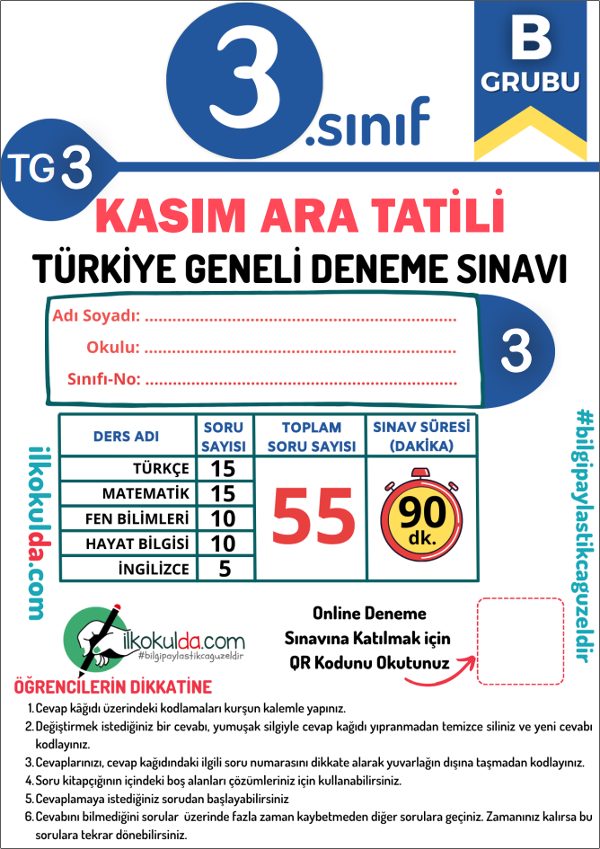 3. Sınıf PDF ve ONLİNE KASIM ARA TATİLİ Türkiye Geneli Deneme Sınavı (TG-3)