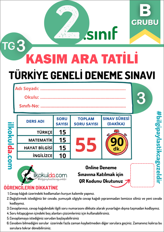 2. Sınıf PDF ve ONLİNE KASIM ARA TATİLİ Türkiye Geneli Deneme Sınavı (TG-3)