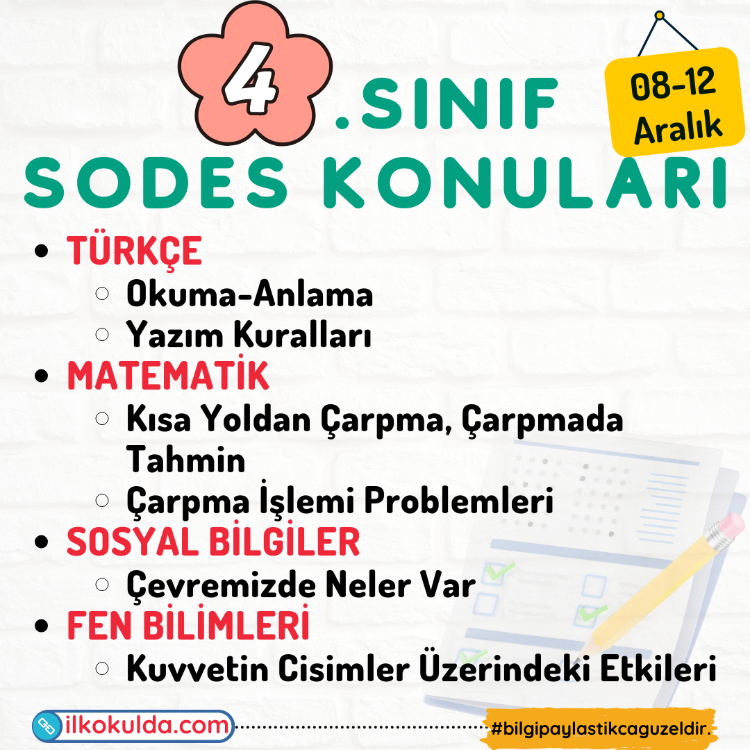 4. Sınıf 13. Hafta (08-12 Aralık) Süreç Değerlendirme Sınavı (SODES)
