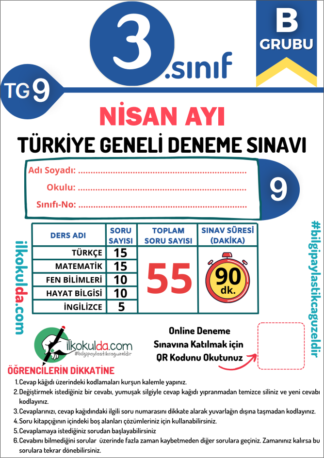 3. Sınıf PDF ve ONLİNE NİSAN AYI Türkiye Geneli Deneme Sınavı (TG-9)