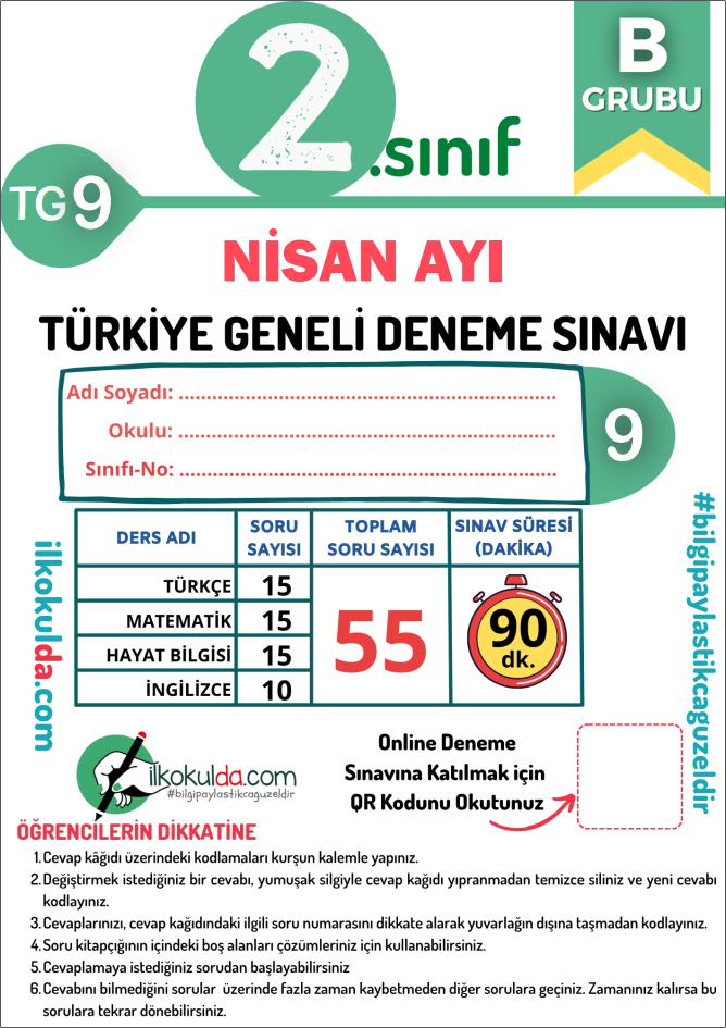 2. Sınıf PDF ve ONLİNE NİSAN AYI Türkiye Geneli Deneme Sınavı (TG-9)