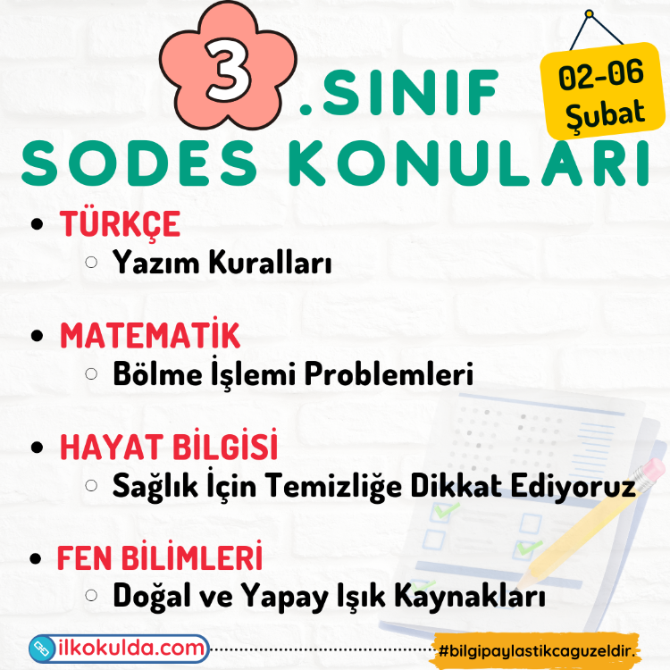 3. Sınıf 19. Hafta (02-06 Şubat) Süreç Değerlendirme Sınavı (SODES)