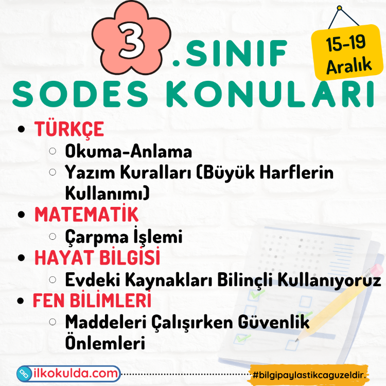 3. Sınıf 14. Hafta (15-19 Aralık) Süreç Değerlendirme Sınavı (SODES)