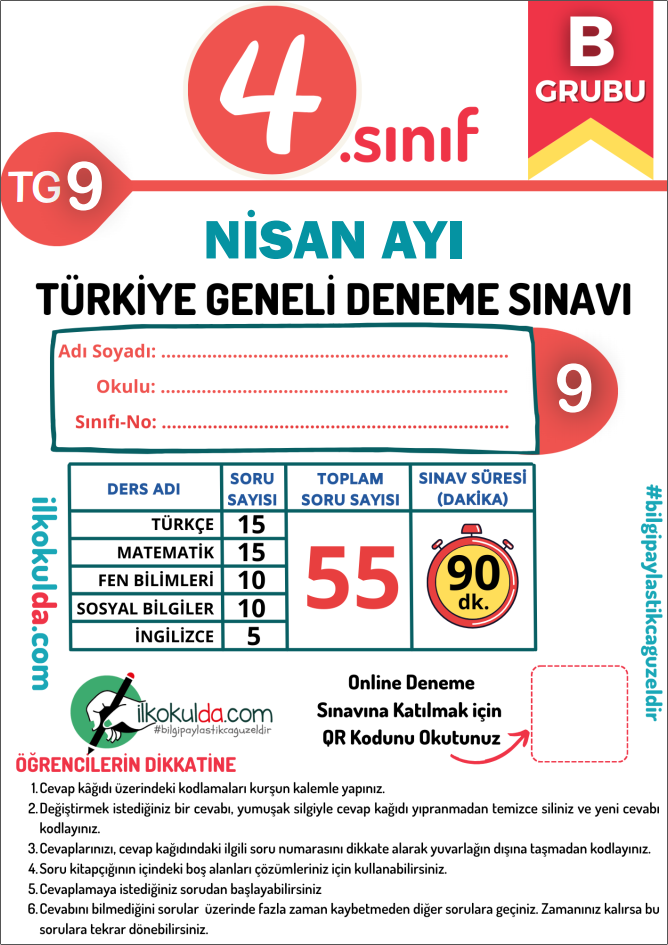4. Sınıf PDF ve ONLİNE NİSAN AYI Türkiye Geneli Deneme Sınavı (TG-9)