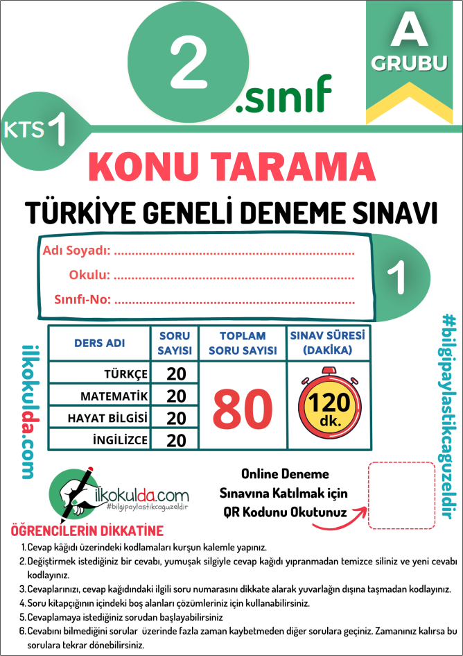 2. Sınıf PDF ve ONLİNE Mart Ara Tatili Türkiye Geneli Konu Tarama Deneme Sınavı (KTS-1)