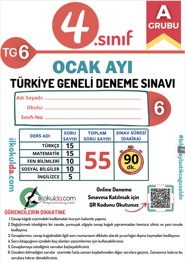 4. Sınıf Ocak Ayı Türkiye Geneli Deneme Sınavı (TG-6)