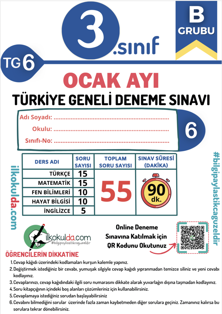 3. Sınıf Ocak Ayı Türkiye Geneli Deneme Sınavı (TG-6)