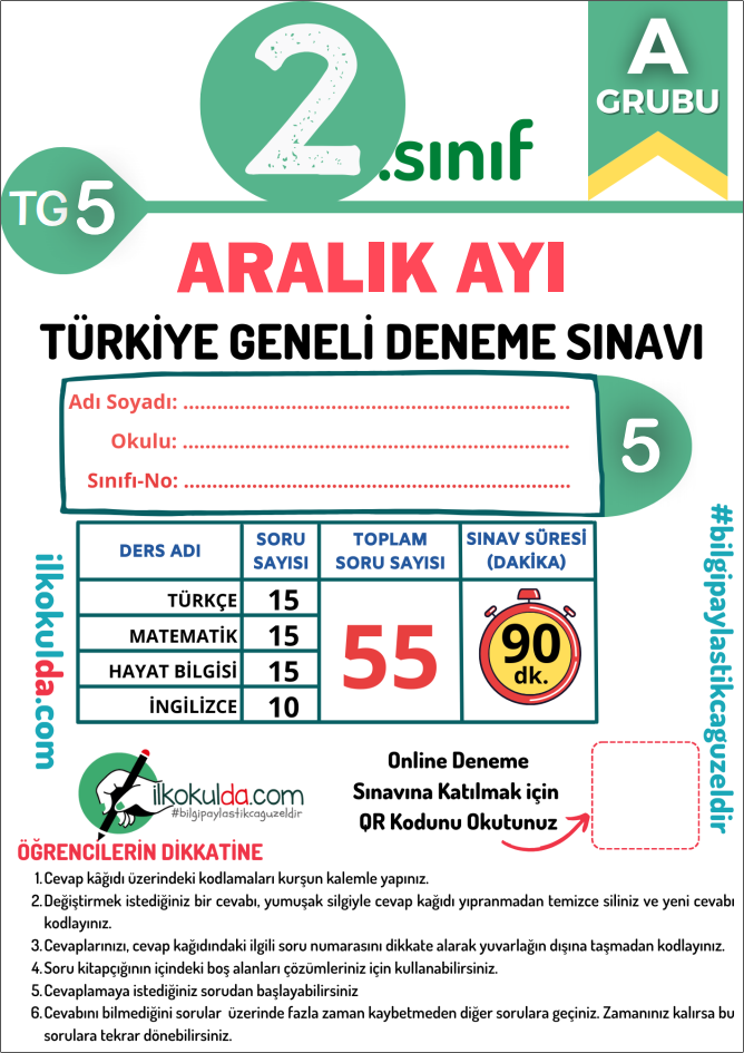2. Sınıf PDF ve ONLİNE ARALIK AYI Türkiye Geneli Deneme Sınavı (TG-5)