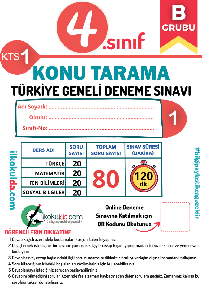 4. Sınıf PDF ve ONLİNE Mart Ara Tatili Türkiye Geneli Konu Tarama Deneme Sınavı (KTS-1)