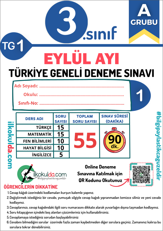 3. Sınıf Eylül Ayı Türkiye Geneli Deneme Sınavı (TG-1)