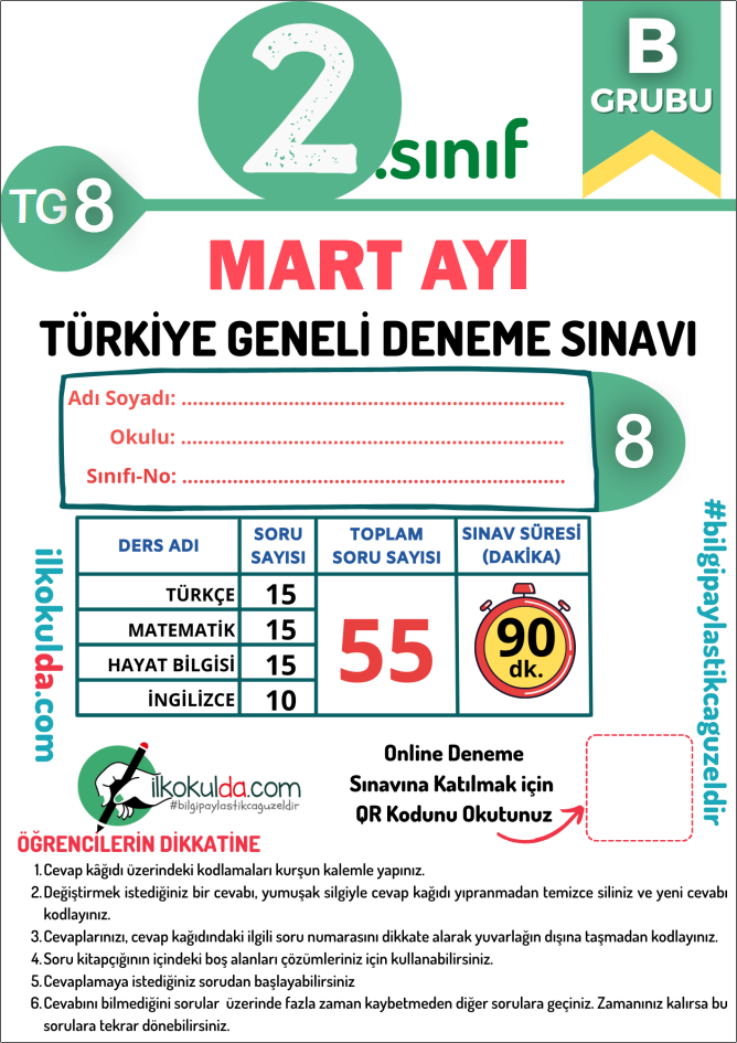 2. Sınıf PDF ve ONLİNE MART AYI Türkiye Geneli Deneme Sınavı (TG-8)