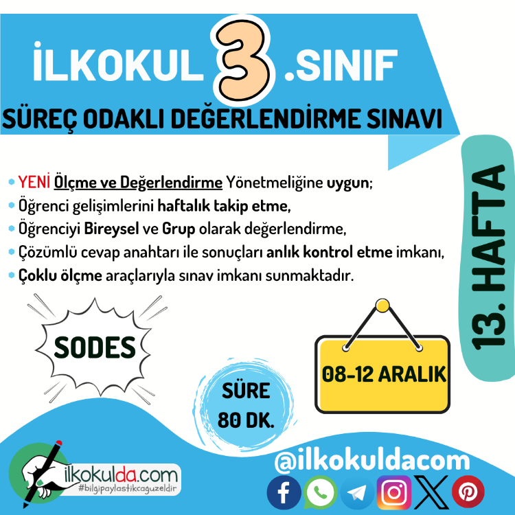 3. Sınıf 13. Hafta (08-12 Aralık) Süreç Değerlendirme Sınavı (SODES)