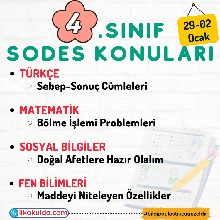 4. Sınıf 16. Hafta (29-02 Ocak) Süreç Değerlendirme Sınavı (SODES)