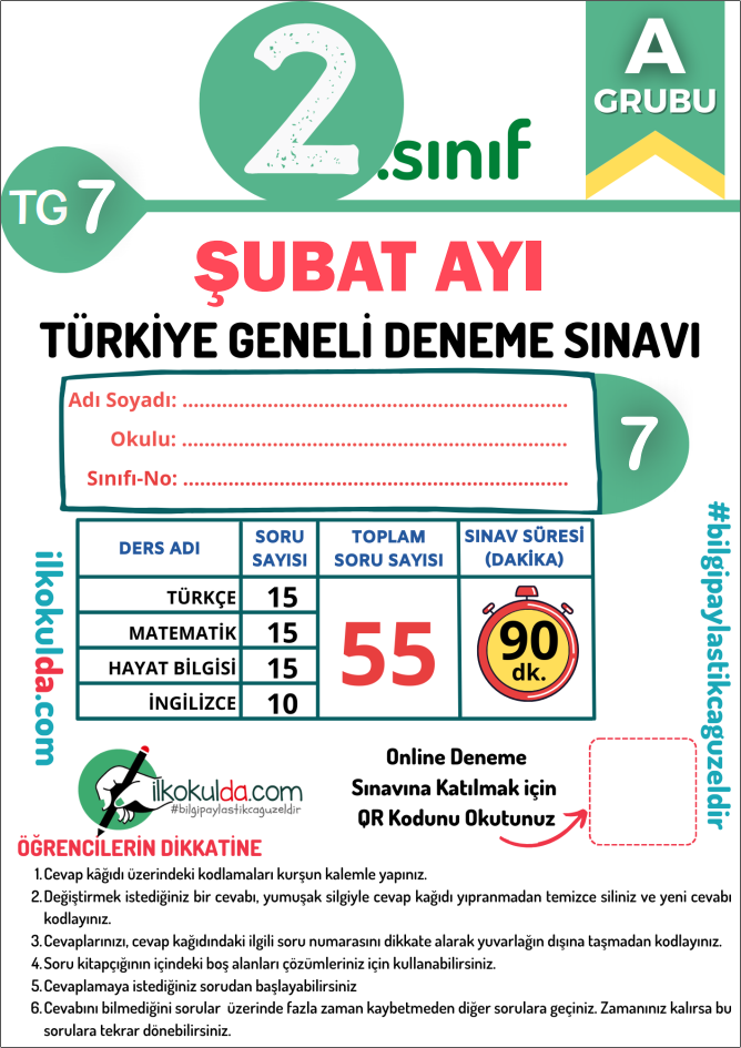 2. Sınıf PDF ve ONLİNE ŞUBAT AYI Türkiye Geneli Deneme Sınavı (TG-7)