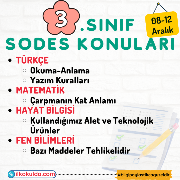 3. Sınıf 13. Hafta (08-12 Aralık) Süreç Değerlendirme Sınavı (SODES)
