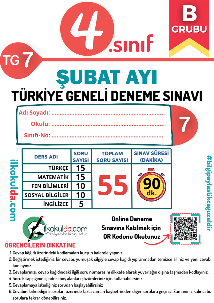 4. Sınıf Şubat Ayı PDF Türkiye Geneli Deneme Sınavı (TG-7)