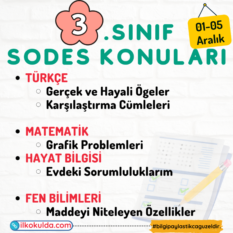 3. Sınıf 12. Hafta (01-05 Aralık) Süreç Değerlendirme Sınavı (SODES)