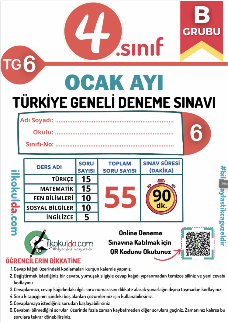 4. Sınıf Ocak Ayı Türkiye Geneli Deneme Sınavı (TG-6)