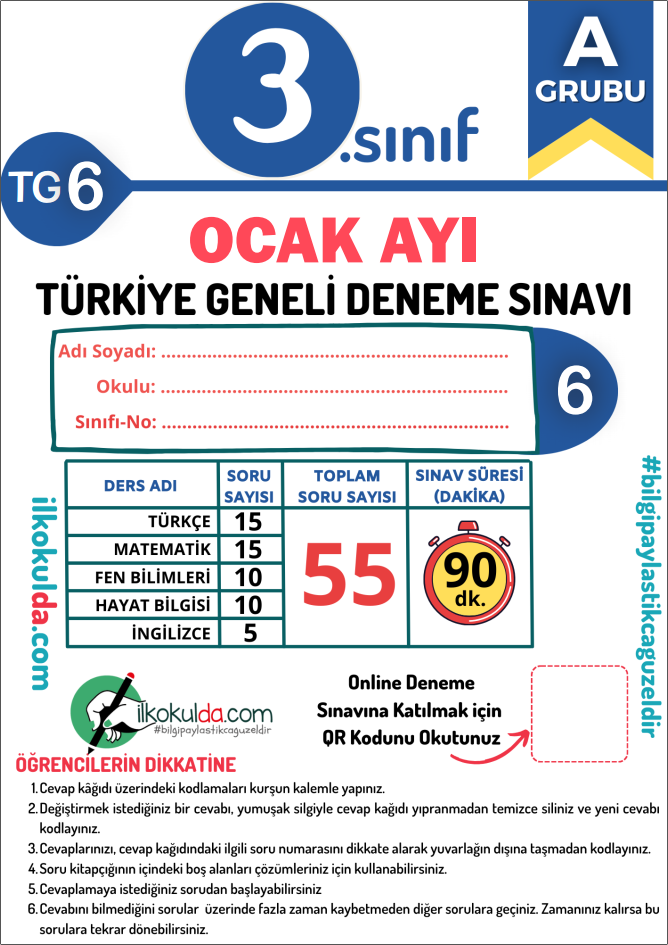 3. Sınıf PDF ve ONLİNE OCAK AYI Türkiye Geneli Deneme Sınavı (TG-6)