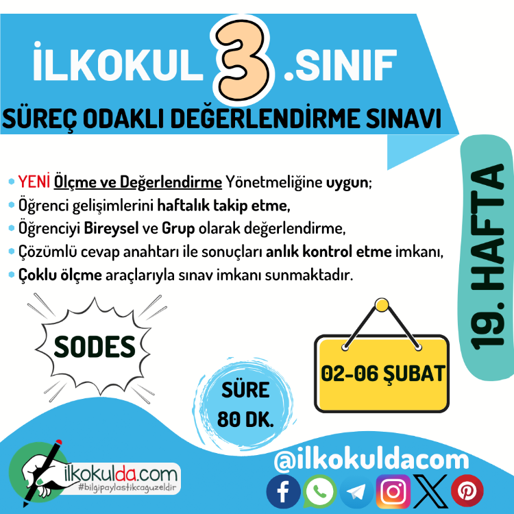3. Sınıf 19. Hafta (02-06 Şubat) Süreç Değerlendirme Sınavı (SODES)
