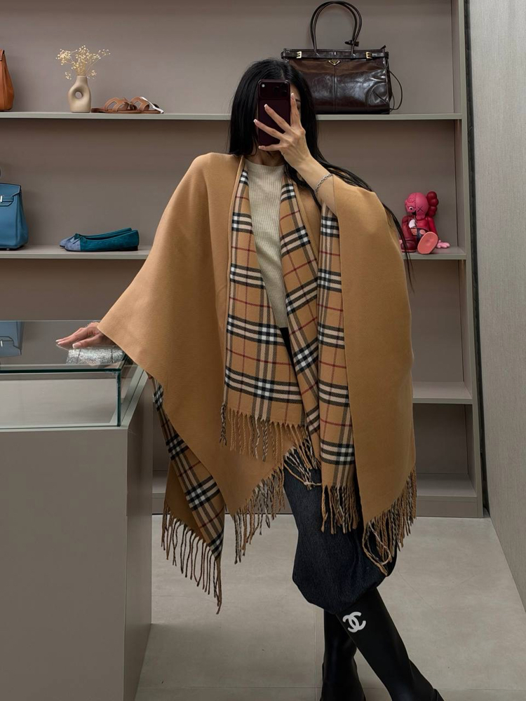 Burberry Reversible Check Wool Cape in Sand Beige