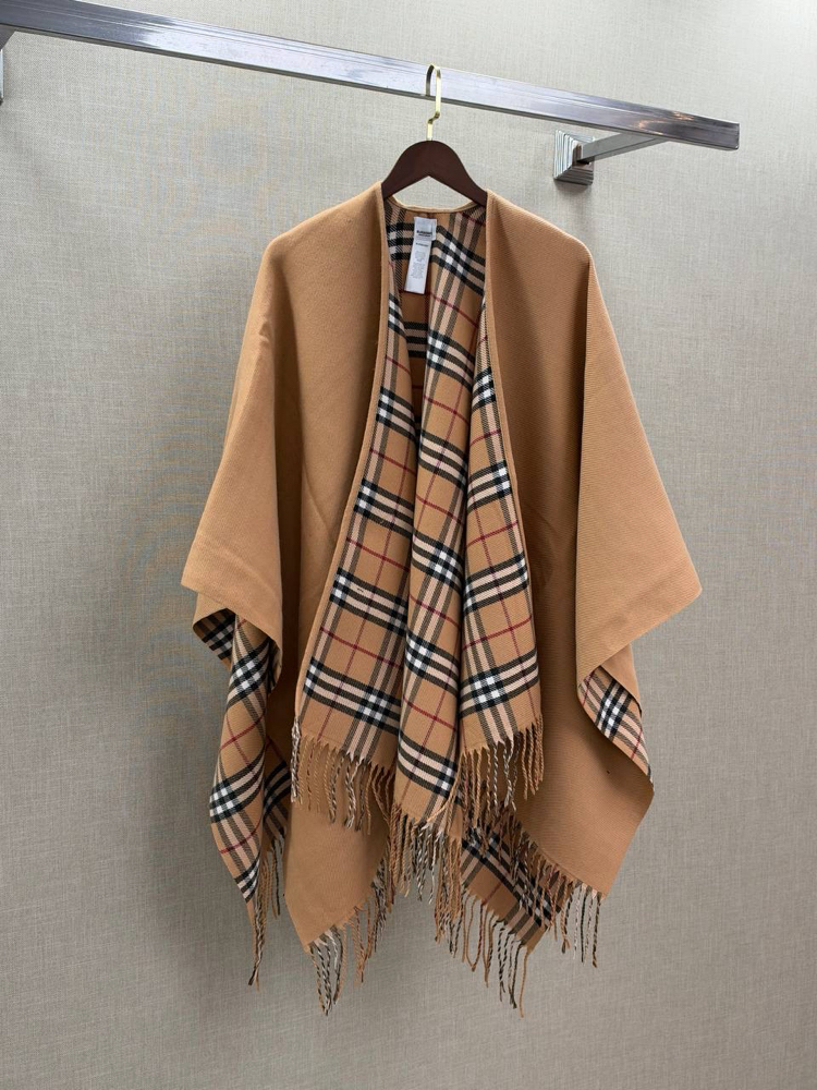Burberry Reversible Check Wool Cape in Sand Beige
