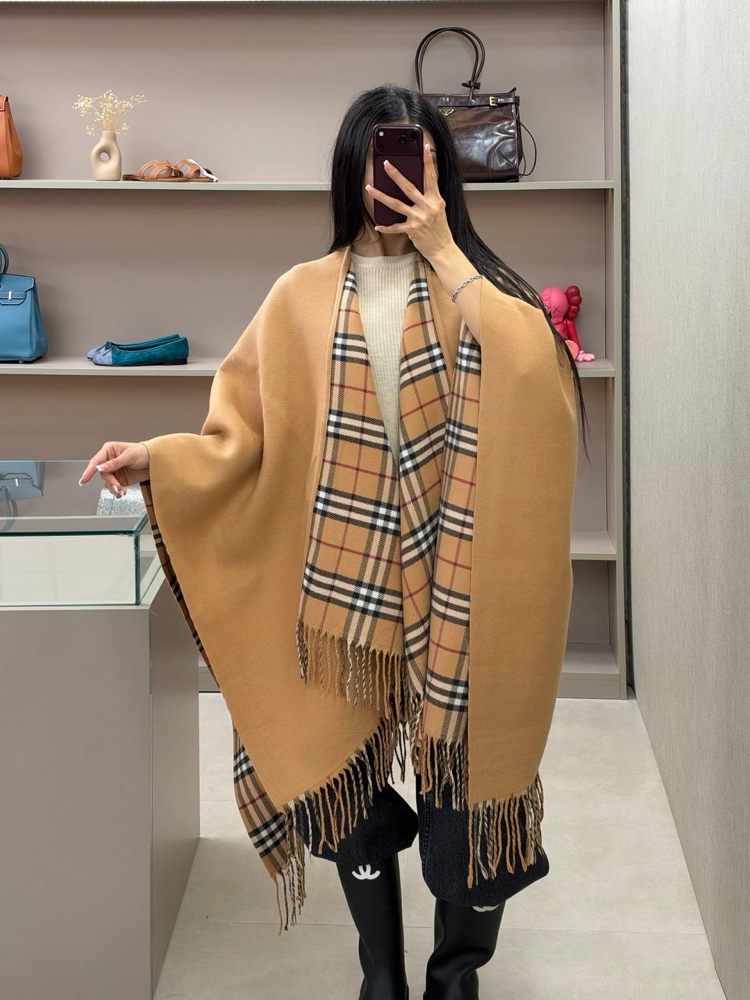 Burberry Reversible Check Wool Cape in Sand Beige