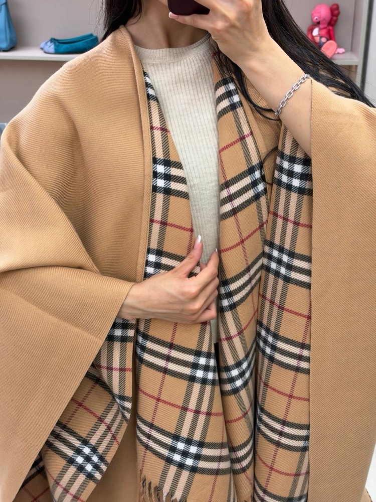 Burberry Reversible Check Wool Cape in Sand Beige
