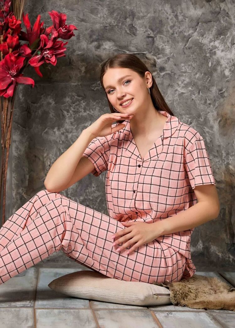Ekose Desenli Kısakol Pijama Takım