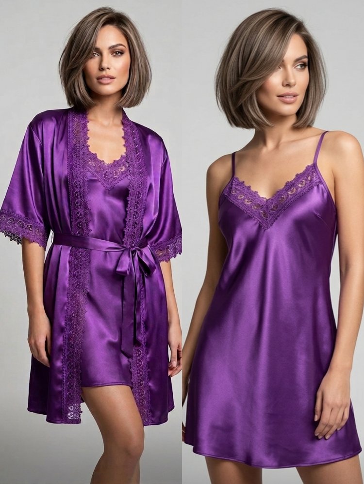 3 lü Saten Takım (Gecelik, Sabahlık, Slip)