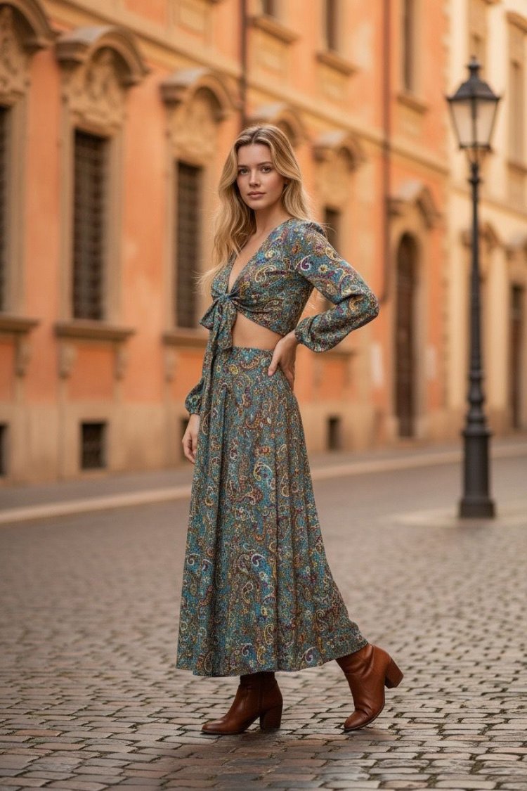 Hint İpeği Crop ve Plazzo Pantolon Takım