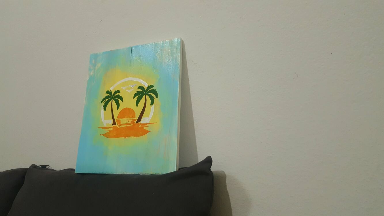El Yapımı Masif Ahşap Duvar Süsü - 35x30 cm - Okyanusta gün batımı