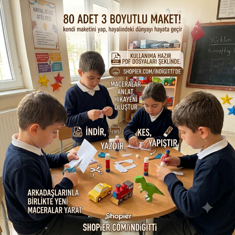 3D Kağıt Maket Seti (80 Modelli Dev PDF) - Eğitici Maket Oyuncak, Evde Montessori Aktivitesi