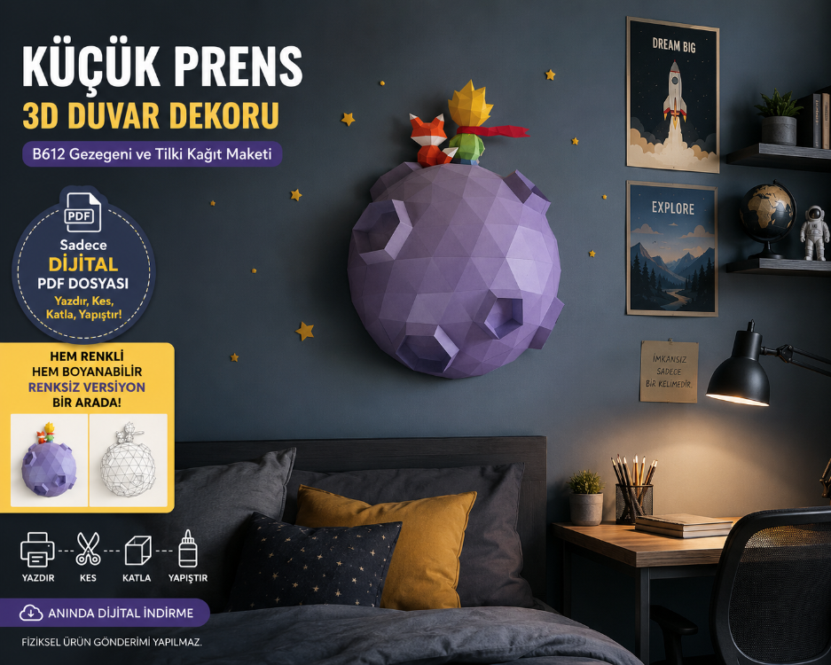 Küçük Prens 3D Duvar Dekoru PDF Şablonu | B612 Gezegeni ve Tilki Kağıt Maketi 