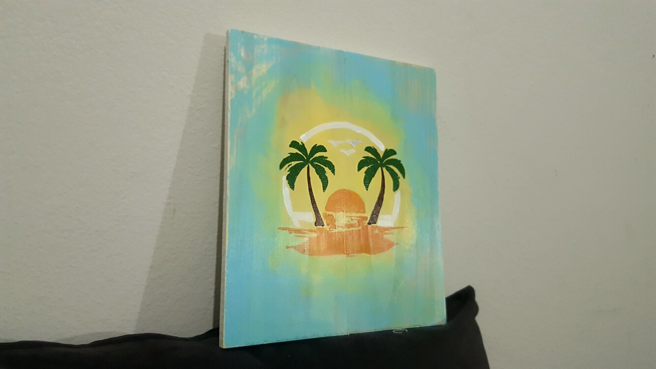 El Yapımı Masif Ahşap Duvar Süsü - 35x30 cm - Okyanusta gün batımı