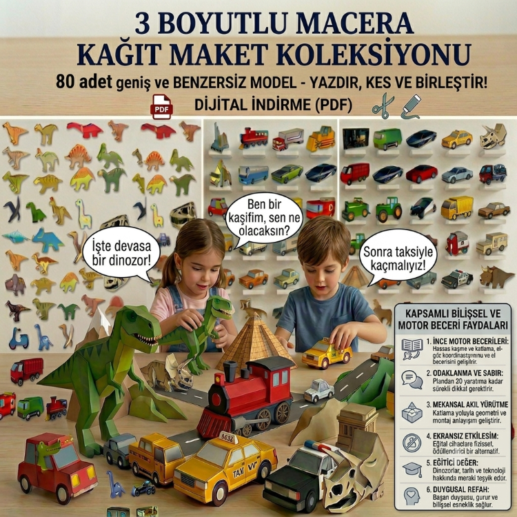 3D Kağıt Maket Seti (80 Modelli Dev PDF) - Eğitici Maket Oyuncak, Evde Montessori Aktivitesi