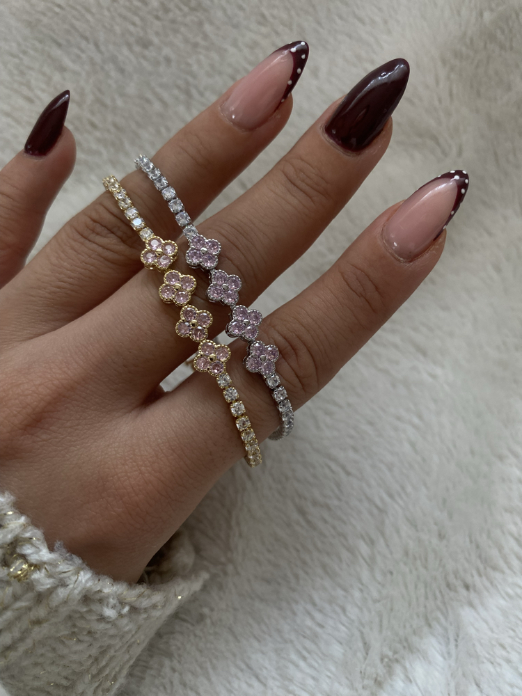 Özel Seri | Yonca Model Pembe Taşlı Su Yolu Bileklik