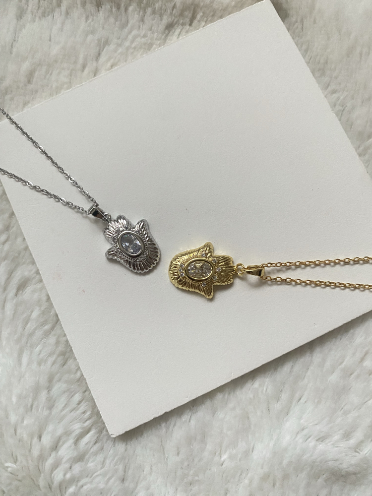 Oval Taşlı Hamsa (Fatma Ana El) Çelik Kolye