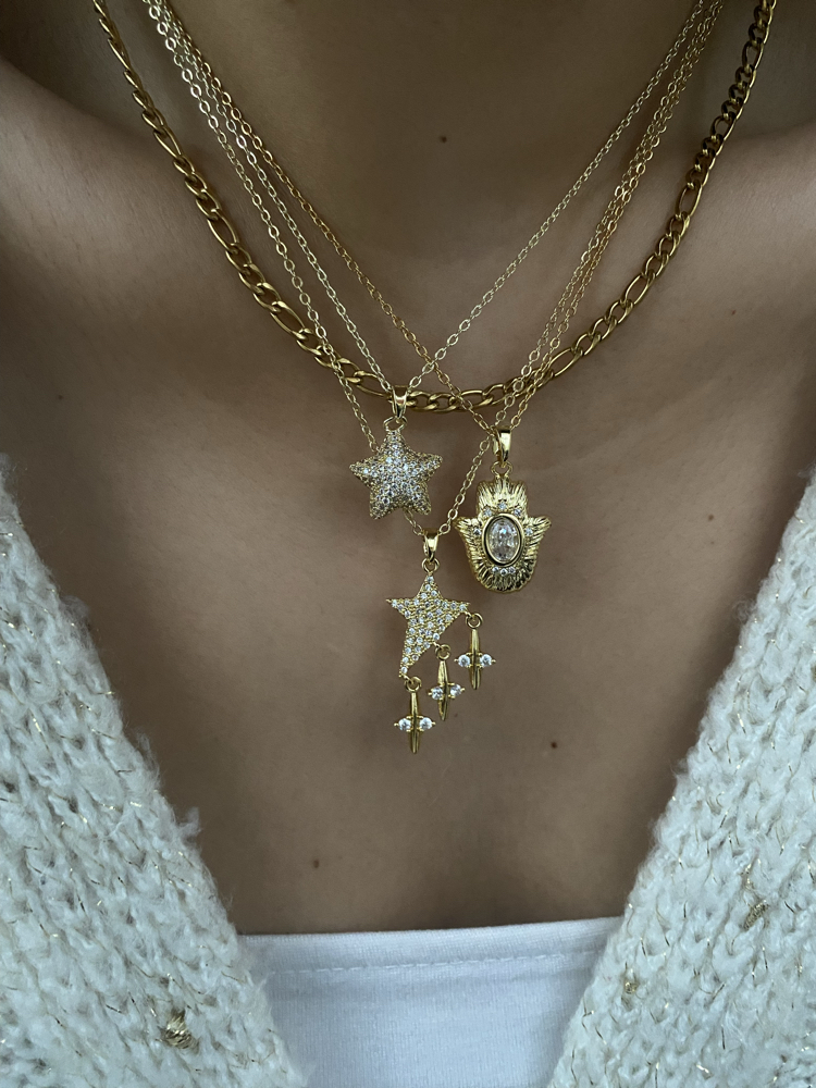 Oval Taşlı Hamsa (Fatma Ana El) Çelik Kolye