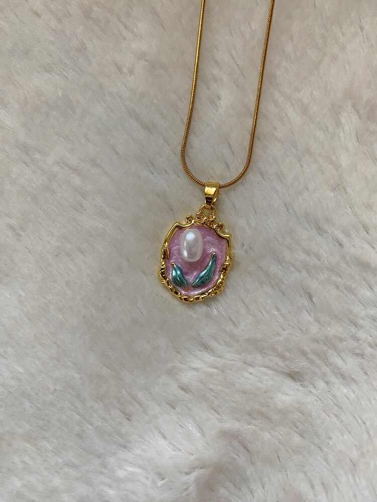Pearl Vintage İnci Çiçekli Çerçeve Çelik Kolye
