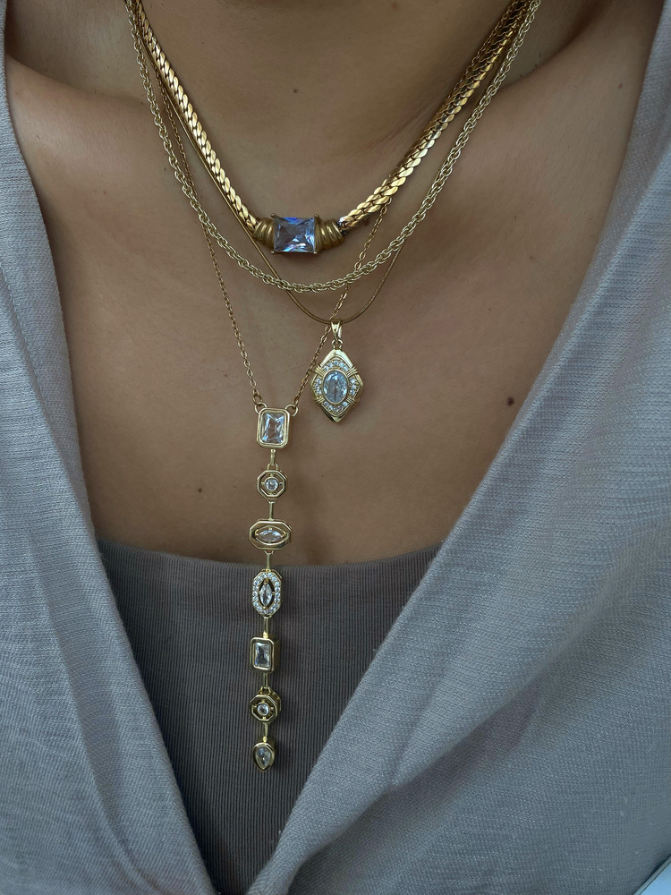 Crystal | Vintage Oval Taşlı Gold Çelik Kolye