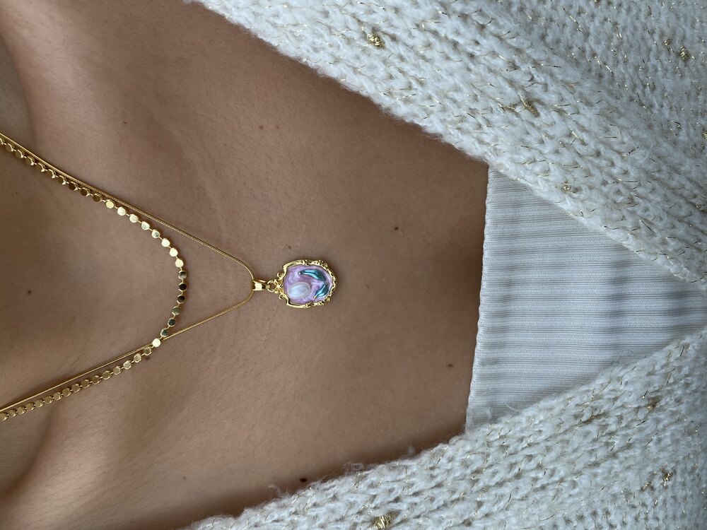 Pearl Vintage İnci Çiçekli Çerçeve Çelik Kolye
