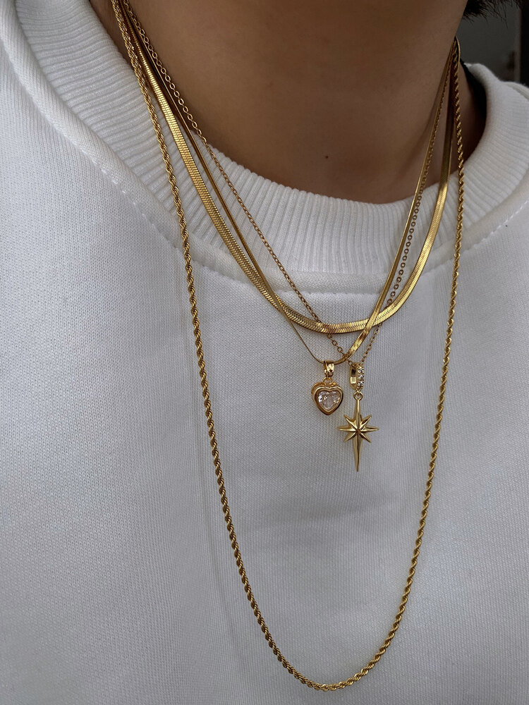 Minimal Kuzey Yıldızı Gold Çelik Kolye (Yılan Model Zincir) 