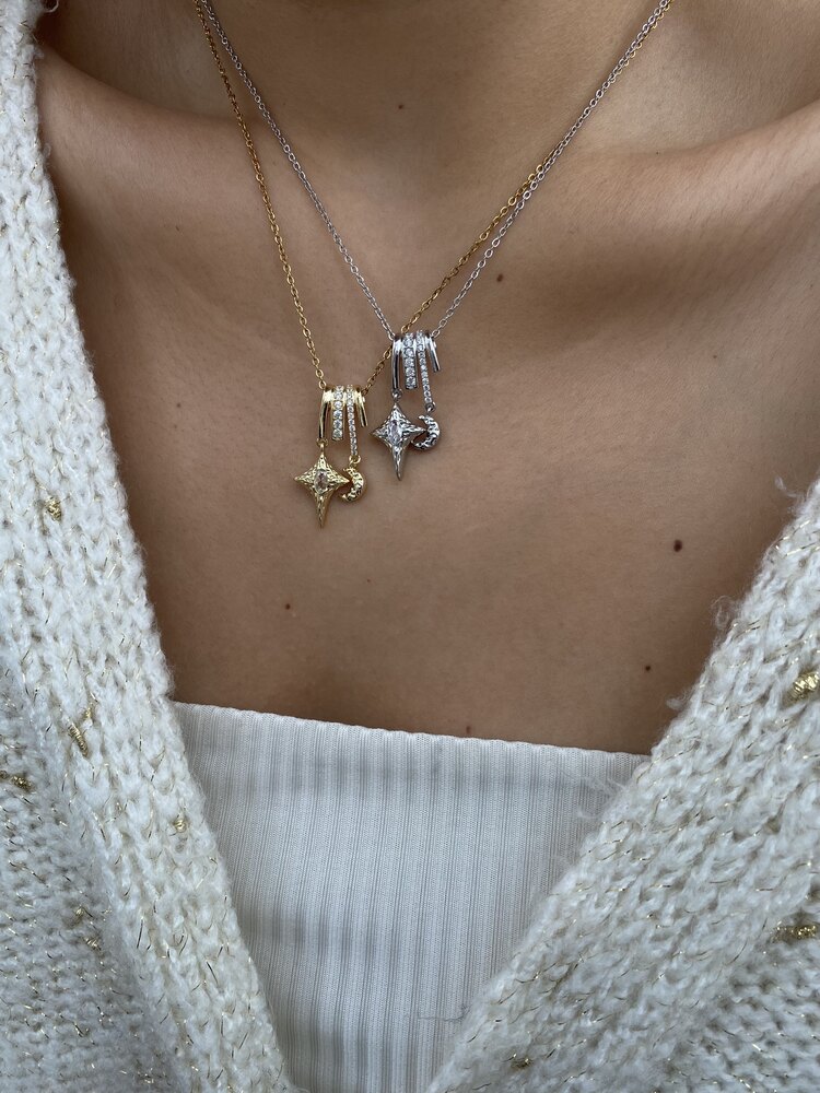 Vintage Ay Yıldız Figür Taşlı Charm Kolye