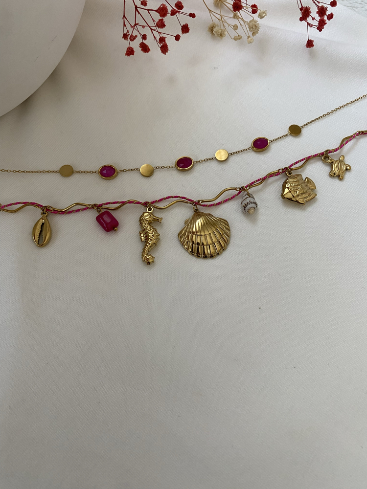 Pembe Oval Taşlı & Pembe İp Detay Charm’lı İkili Çelik Kolye Kombin Seti