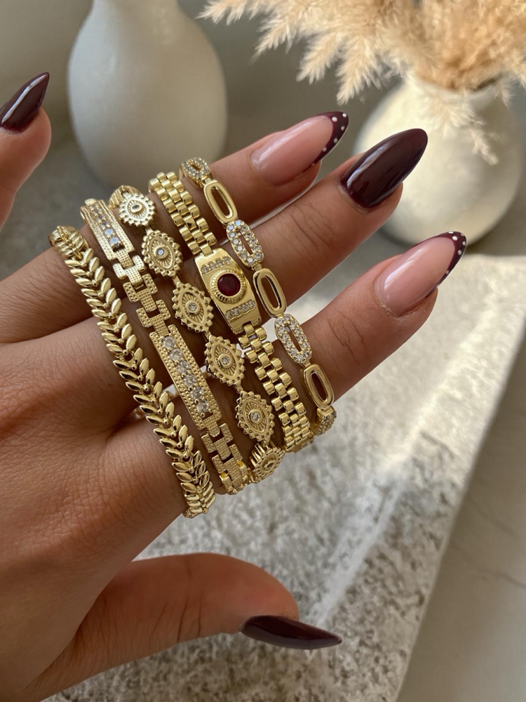 Özel Seri | 14K Vintage Ortası Bordo Taşlı Kordon Model Bileklik